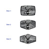 Three black and white illustrations of deer heads on wooden backgrounds.